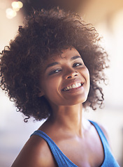 Image showing Woman, portrait and happiness in fashion with bokeh, natural beauty and casual outfit in summer. African person, face and smile with afro hairstyle, wellness or trendy style with lens flare in Africa