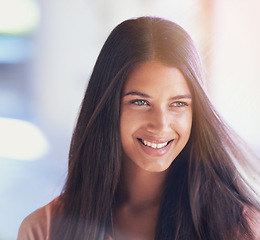 Image showing Hair, smile and woman in a city for beauty, cosmetics or salon treatment, shine or treatment. Happy, face and female client outdoor with haircare, shampoo or keratin, growth or texture satisfaction