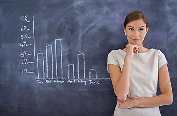 Image showing Portrait, blackboard and business with woman, graphs and financial adviser with charts, economy and investment. Face, person and employee with chalk, income or accounting with trading or sales growth