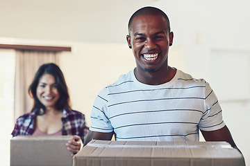 Image showing Moving, box or portrait of happy couple in dream home for property, sale or invest success. Real estate, mortgage or face of excited people in new house smile for loan, ownership or housing milestone