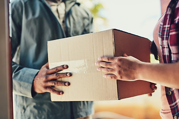 Image showing Delivery, box or hands of woman with courier in home closeup for shipping, online shopping or cargo transport. Ecommerce, logistics or sale product zoom at front door for supply chain retail exchange