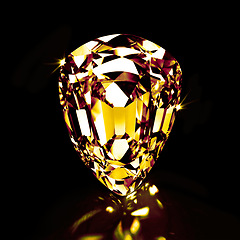 Image showing Yellow sapphire, stone and studio by black background for natural resource, jewelry or sparkle for luxury. Rock, gemstone or crystal in closeup for shine, glow or brilliant with reflection for wealth