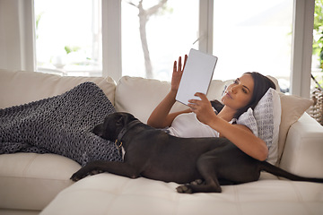 Image showing Woman, tablet and dog in home for relax with typing email, communication and online movie in living room with blanket. Person, technology and social media search, web subscription or comfort on couch