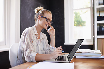 Image showing Woman, laptop and happy in home office with phone call for business networking, remote communication and multitasking. Female person, smartphone and technology for conversation, online and research.