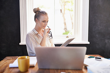 Image showing Home, office and woman with tablet reading a review online with professional research or news in business. Search, internet and learning from information on tech or knowledge from website or ebook