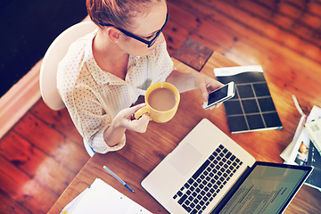 Image showing Woman, smartphone and online in home office in morning for business networking, information and multitasking. Female person, technology and internet for research or browsing, remote work and top view