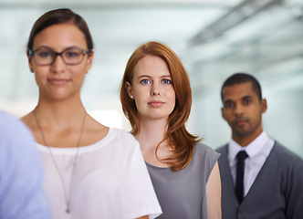 Image showing Portrait, team and business woman in queue at office or workplace for job of entrepreneur. Face, group and professional people in a row together for cooperation or collaboration of diverse advisors