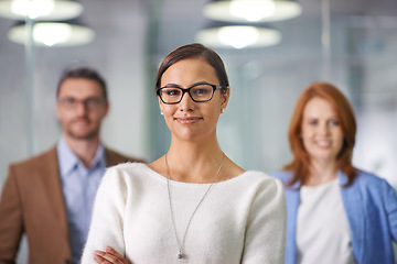 Image showing Portrait, woman or business with team, leadership or confidence in staff diversity in Amsterdam. Businesswoman, office worker or colleague in commitment together in professional, corporate or company