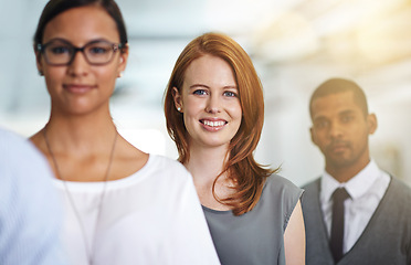 Image showing Portrait, team and happy business woman in queue at office or workplace of entrepreneur. Face, group and professional people in a row together for cooperation or collaboration of diverse advisors