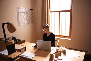 Image showing Workspace, businesswoman and laptop in home office with confidence, above and freelancer with productivity. Professional, editor and writing a book in remote work and computer for online research