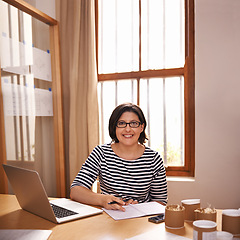 Image showing Portrait, ecommerce and woman in home office with small business, laptop and notes for planning. Face, remote work and girl with desk, box and notebook for online order, product inventory and smile.