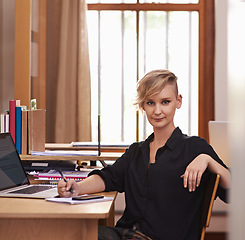 Image showing Portrait, businesswoman and technology in home office with confidence, notes and freelancer with productivity. Face, editor and pride with cellphone and laptop for connectivity and online research