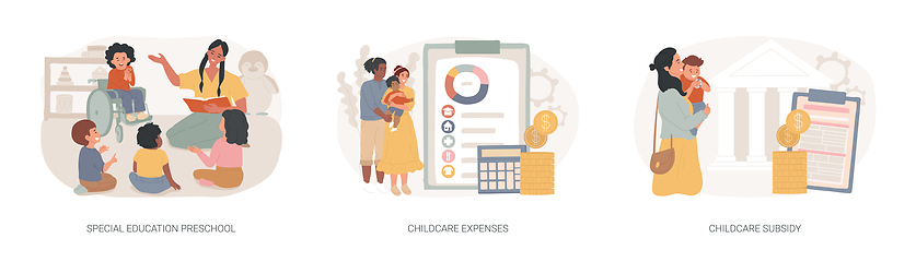 Image showing Daycare financial help isolated concept vector illustration set.