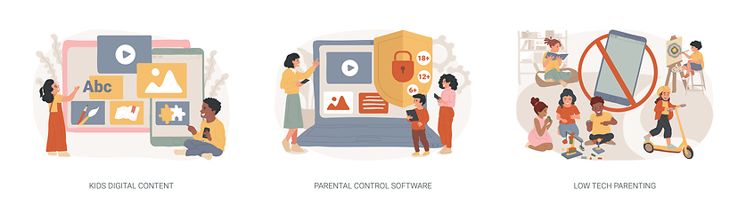 Image showing Children media access isolated concept vector illustration set.