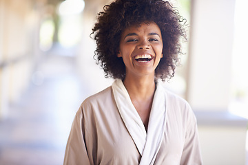 Image showing Woman, smile and portrait in spa for relax, beauty and cosmetic treatment for break and skincare. African person and happy for holistic and wellness care for hygiene, clean and natural in robe