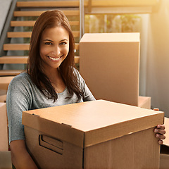 Image showing Woman, package and boxes with smile portrait from delivery, order or moving for real estate and property. Cardboard, shipping and shipment and happy homeowner with packing and parcel by house stairs