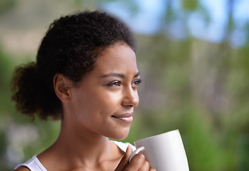 Image showing Thinking, coffee and woman on a balcony with peace, reflection or enjoying a calm moment. Face, remember and female person on a terrace with tea, idea or happy, memory or insight with view of nature