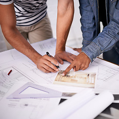 Image showing Architecture, consulting and hands of business people on blueprint, paperwork or floor plan for building project. Civil engineering, development and teamwork with creative design office with ideas.