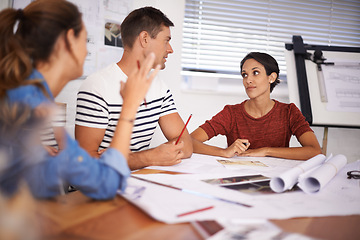 Image showing Team, discussion and architects planning construction project, building and people together in startup office. Collaboration, creative design and brainstorming in meeting, cooperation and drawing