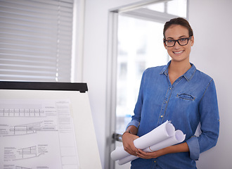 Image showing Woman, architect and portrait with blueprint for construction, design and engineering with paperwork at office. Architecture, contractor and sketch of floor plan for renovation with creativity