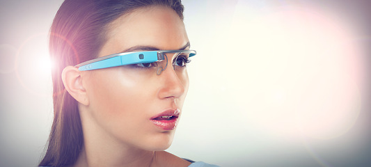 Image showing Vision, woman and smart glasses for augmented reality, metaverse or innovation. Face, cyber eyewear and futuristic tech, thinking and serious person in studio isolated on a white background mockup