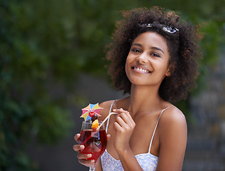 Image showing African, woman and portrait with cocktail and summer or vacation, relax or happy for wellness at resort. Holiday, tropical retreat or natural black female person, fruit liquid for drinking in nature