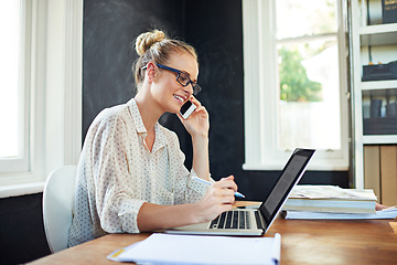 Image showing Woman, computer and happy in home office with phone call for business networking, remote communication and multitasking. Female person, smartphone and technology for conversation, online and research