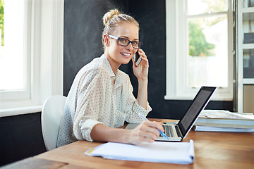 Image showing Woman, portrait and laptop in home office with phone call for business networking, remote communication and multitasking. Female person, smartphone and conversation for startup, freelance and career.