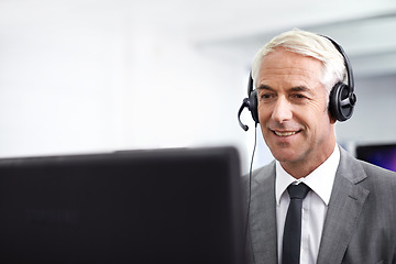 Image showing Call center, customer service and man in office with headset working on online telemarketing consultation. Career, ecommerce and male consultant or agent with crm service communication in workplace.