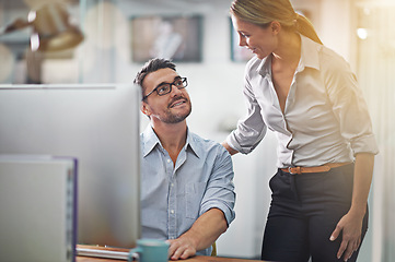 Image showing Team, collaboration and help from mentor on computer and training employee in office. People, talking and learning from woman in business with support or advice in IT, software or feedback on project