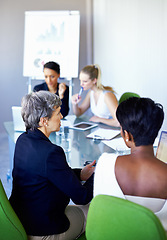 Image showing Meeting, office and business women in discussion, talking and collaboration with statistics. Teamwork, corporate and women with chart, graph and research presentation for planning, review and growth