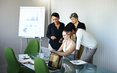 Image showing Meeting, presentation and business people with statistics in discussion, talking and collaboration. Teamwork, corporate office and women with laptop, graph and chart for planning, review and research