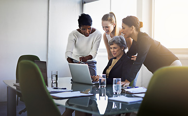 Image showing Teamwork, meeting and business women on laptop for planning, website review and online project. Company startup, corporate and people on computer for research, discussion and collaboration in office