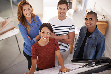 Image showing Architecture, office and portrait of business people with documents, blueprint and floorplan. Teamwork, collaboration and workers with illustration, design and drawing for ideas, planning or building