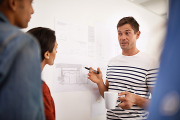 Image showing Architecture, men and women in presentation with blueprint, paperwork and building project ideas. Civil engineering, development and team of creative business people in design office with floor plan.