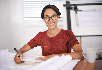 Image showing Happy woman, portrait and architect with blueprint for construction, design and engineering at office. Architecture, contractor and sketch floor plan for renovation, infrastructure and creativity