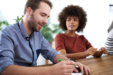 Image showing Business people, meeting and documents in boardroom with collaboration notes, project planning or review. Man, woman and creative company or start up paperwork or report job, agency or conversation