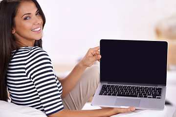 Image showing Woman, laptop and screen with mockup for advertising, tech and UX with website or ads for information. Portrait for online presentation, digital marketing and software with PC, network and internet