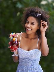 Image showing African, woman and cocktail portrait on holiday, happy smile for vacation or resort. Summer, drink and sunglasses for stress relief trip outdoor with natural female person, relax and tropical liquid