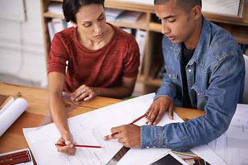 Image showing Team, discussion and architects drawing blueprint for construction project, building and serious people in startup. Collaboration, creative design or engineer with paper, brainstorming and planning