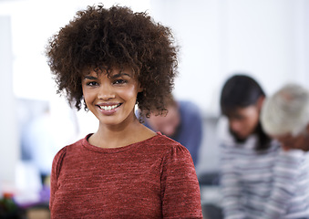 Image showing Creative, portrait and woman with smile for teamwork with colleagues, laptop and technology for working. Office, female person and girl with happiness for career in company, employee and staff