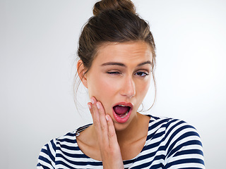 Image showing Wow,, surprise and excited portrait of woman in studio, white background and mockup space with energy. Happy, emoji and student with shock for feedback, news or announcement of crazy information