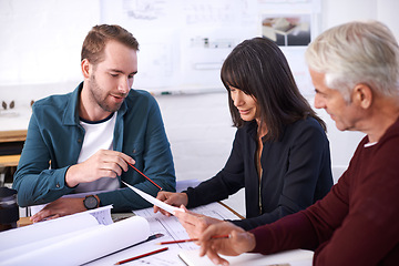 Image showing Architecture, blueprint and business people in meeting with paperwork, discussion and planning for building project. Civil engineering, development and teamwork, men and woman in office brainstorming