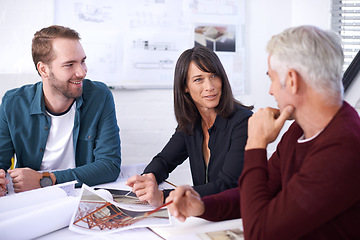 Image showing Architecture, blueprint and business people in meeting with paperwork, discussion and planning for building project. Civil engineering, development and teamwork, men and woman in office brainstorming