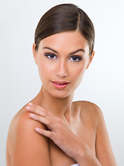 Image showing Portrait, woman and shirtless in studio beauty, skincare and makeup on white background. Female person or model, healthy and wellness skin with cosmetics as daily treatment for confidence and pride