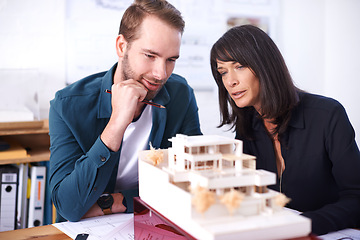 Image showing Architects, teamwork and smile with building model, 3d design and development with colleague. Remodeling, construction and thinking in strategy meeting, contractor or property developer for project