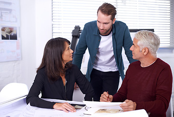 Image showing Architects, collaboration and smile with blueprint, design and development with team. Planning, construction and thinking in strategy meeting, contractor or property developer for project management