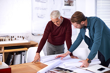 Image showing Coworker, men and blueprint with design at office with pencil for drawing a building renovation, construction and project as architects. Business, people and teamwork on task, draft and layout