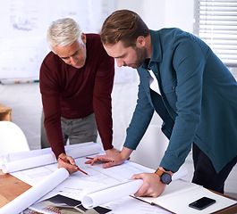 Image showing Coworker, man and blueprint with teamwork at office with pencil for drawing a building design, layout and project as architects. Business, people and collaboration on task, plan and renovation