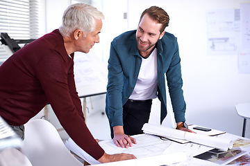 Image showing Coworker, men and smile with blueprint at work for design with pencil for drawing a building renovation, teamwork and project as architects. Business, people and collaboration on task, idea and happy